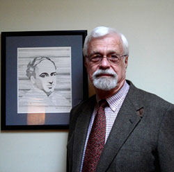 The Author with a lithograph of Antonio Machado by Ángeles Ballester